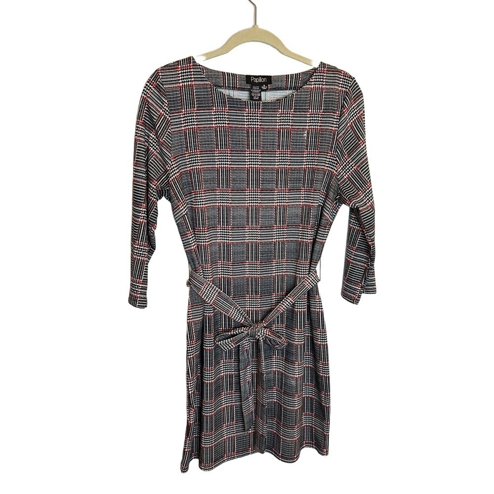 Papillon Glen Check Plaid Belted 3/4 Length Sleeve Dress M‎